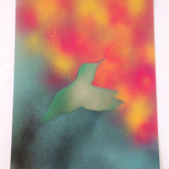 Handmade Painting Of Green Hummingbird and Flowers On Paper - Picture 4 of 16